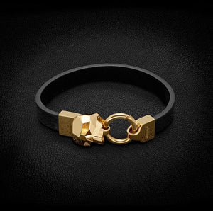 Hexagus Skull Leather Bracelet in Black and Gold